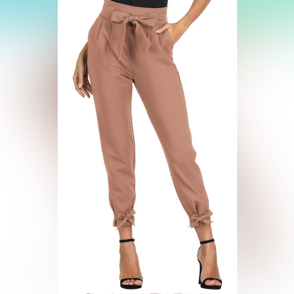GRACE KARIN Womens Casual High Waist Pencil Pants with Bow-Knot Apricot